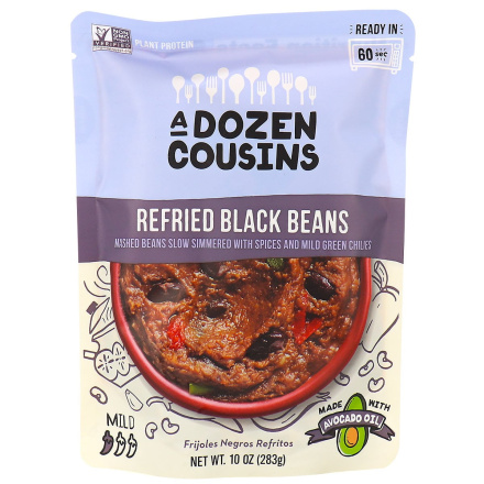 Front of A Dozen Cousins Refried Black Beans, 283g