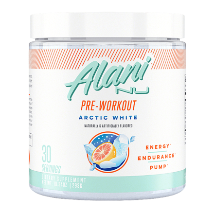 Front of Alani Nu Pre-Workout Arctic White, 30 Servings