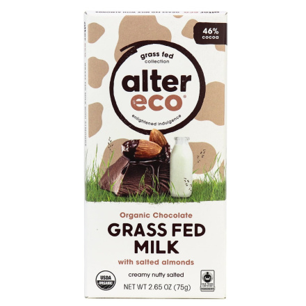 Alter Eco Organic Grass Fed Milk Chocolate with Salted Almonds, 75g