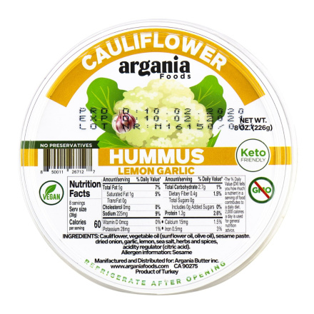 Argania Foods Lemon Garlic Cauliflower Hummus, 226g