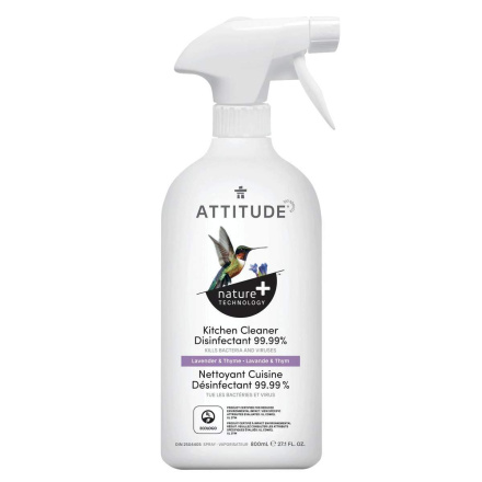 Front of ATTITUDE Kitchen Cleaner Disinfectant 99.99% Thyme & Lavender, 800 mL