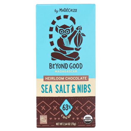 Front of Beyond Good Madagascar 63% Cocoa Heirloom Chocolate Sea Salt & Nibs, 75g