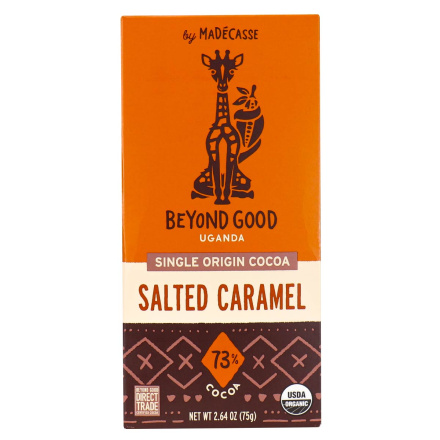 Front of Beyond Good Uganda Single Origin 73% Cocoa Salted Caramel, 75g