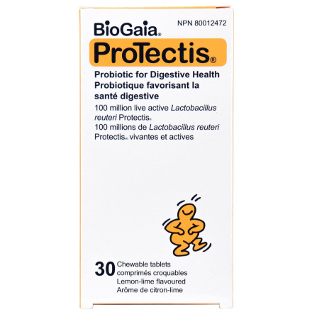 Front of BioGaia Protectis Chewable Probiotic For Digestive Health Lemon-Lime Flavoured, 30 Tablets