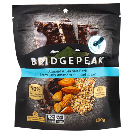 Front of Bridgepeak Nutrition Almond & Sea Salt Bark, 100g