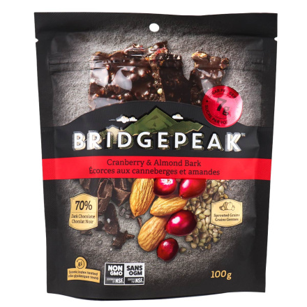 Front of Bridgepeak Nutrition Cranberry & Almond Bark, 100g