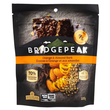 Front of Bridgepeak Nutrition Orange & Almond Bark, 100g