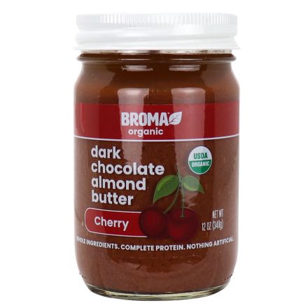 Front of Broma Organic Dark Chocolate Almond Butter Lentil Cherry Spread
