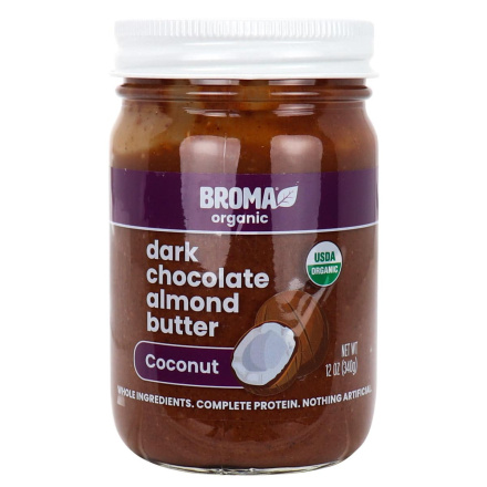 Front of Broma Organic Dark Chocolate Almond Lentil Butter Coconut