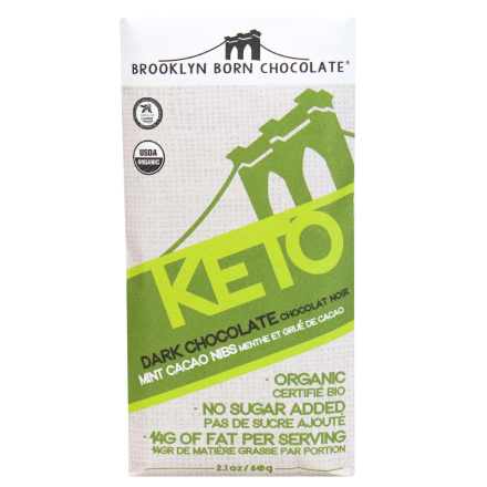 Front of Brooklyn Born Chocolate Keto Dark Chocolate Mint Cacao Nibs, 60g
