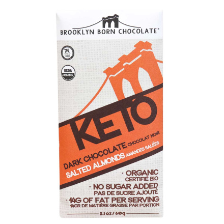 Front of Brooklyn Born Chocolate Keto Dark Chocolate Salted Almonds, 60g