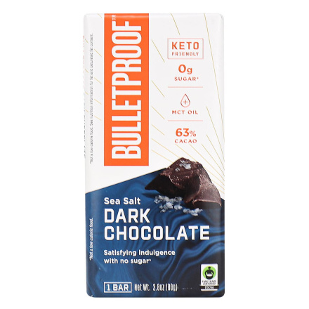 Front of Bulletproof Keto 63% Cacao Sea Salt Dark Chocolate with MCT Oil, 80g