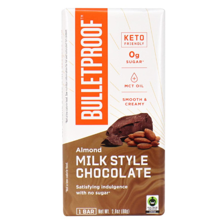 Front of Bulletproof Keto Friendly Almond Milk Style Chocolate, 80g
