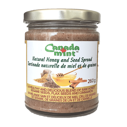 Front of Canada Mint Natural Honey and Seed Spread, 260g