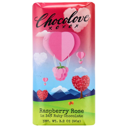 Front of Chocolove XO 34% Ruby Chocolate Raspberry Rose, 90g