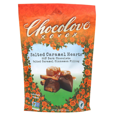 Front of Chocolove XO 55% Dark Chocolate Salted Caramel Hearts, 200g