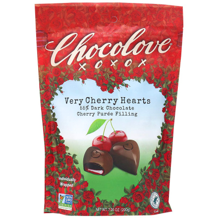 Front of Chocolove XO 55% Dark Chocolate Very Cherry Hearts, 200g