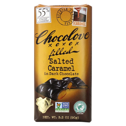 Front of Chocolove XO Filled Salted Caramel in 55% Dark Chocolate, 90g