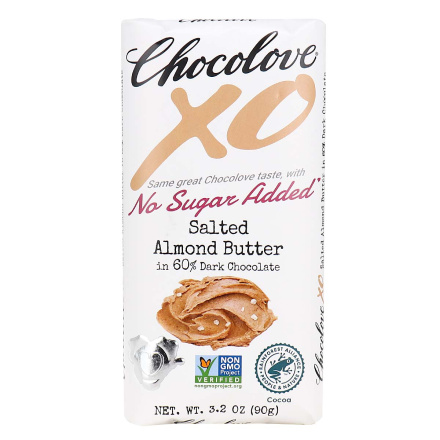 Front of ChocoloveXO No Sugar Added Salted Almond Butter in 60% Dark Chocolate, 90g