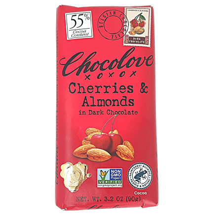 Front of ChocoloveXO Cherries & Almonds 55% Dark Chocolate, 90g