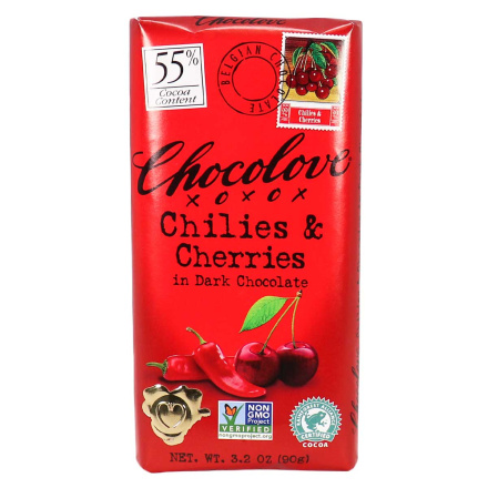 Front of Chocolove XO Chilies & Cherries in Dark Chocolate, 90g