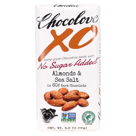 Front of ChocoloveXO No Sugar Added Almonds & Sea Salt 60% Dark Chocolate, 90g