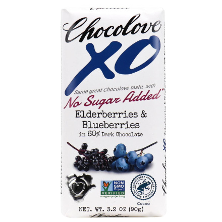 Front of ChocoloveXO No Sugar Added Elderberries & Blueberries 60% Dark Chocolate, 90g
