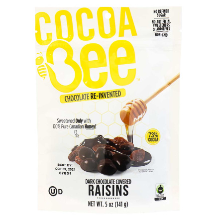 Front of Front of COCOABEE CHOCOLATE Dark Chocolate Covered Raisins, 141g
