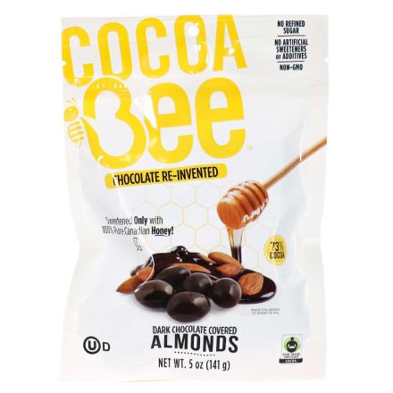 Front of Cocoabee 73% Cocoa Dark Chocolate Covered Almonds, 141g
