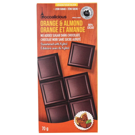 Front of Cocoalicious 80% Cacao No Added Sugar Dark Chocolate Orange & Almond, 70g