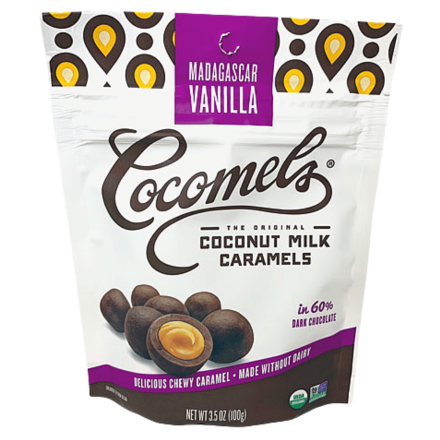 Front of Cocomels Bites 60% Dark Chocolate Madagascar Vanilla, 100g