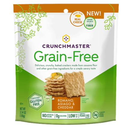 Front of Crunchmaster Grain-Free Crackers Romano, Asiago & Cheddar, 100g