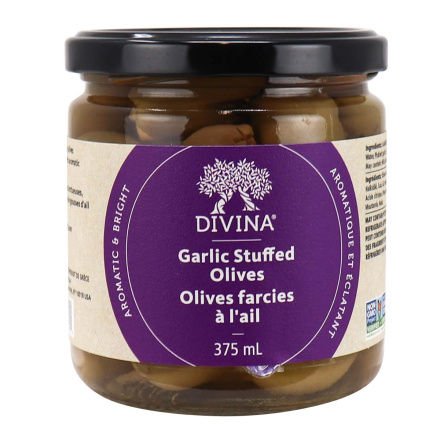 Front of Divina Garlic Stuffed Olives, 375mL