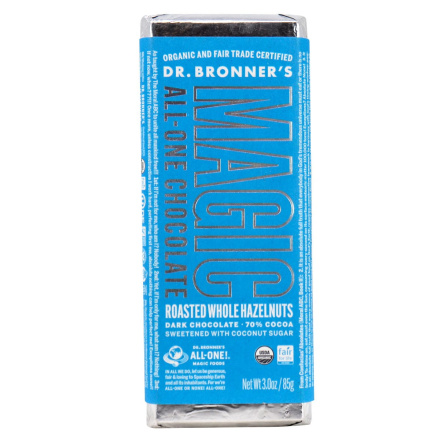 Front of Dr. Bronner’s Fair Trade Magic All-One Chocolate Roasted Whole Hazelnuts, 85g