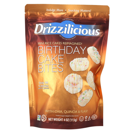 Front of Drizzilicious Mini Rice Cakes Birthday Cake Bites, 113g
