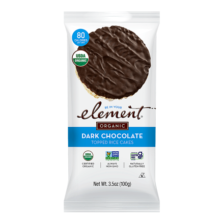Front of Element Snacks Organic Dark Chocolate Topped Rice Cakes, 100g