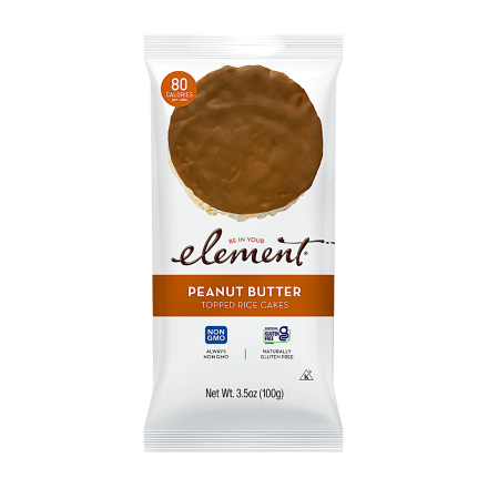 Front of Element Snacks Peanut Butter Topped Rice Cakes, 100g
