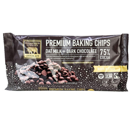 Front of Endangered Species Premium 75% Cocoa Oat Milk Baking Chips, 285g