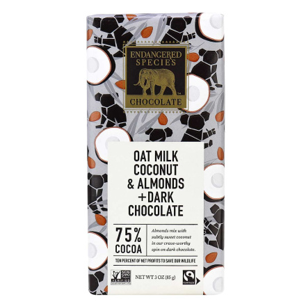 Front of Endangered Species Oat Milk Coconut & Almonds + Dark Chocolate, 85g