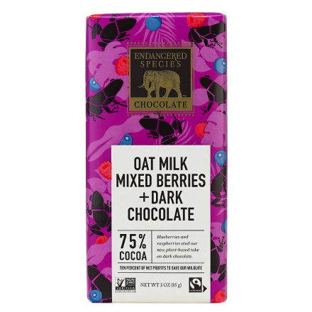 Front of Endangered Species Oat Milk Mixed Berries + 75% Cocoa Dark Chocolate, 85g