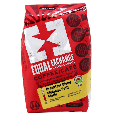 Front of Equal Exchange Organic Whole Bean Coffee Breakfast Blend, 340g