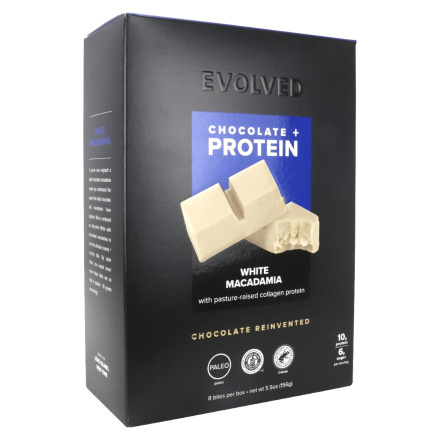 Front of Evolved Chocolate + Protein White Macadamia With Collagen