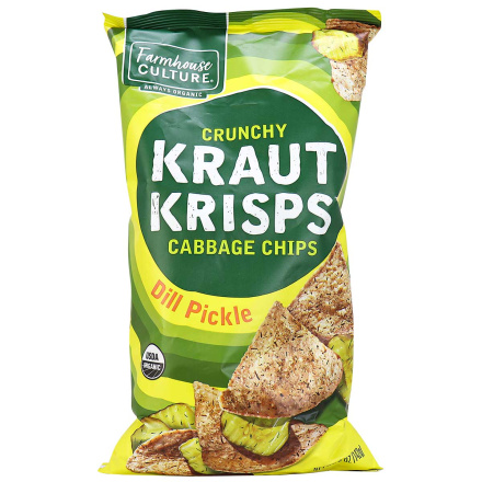 Front of Farmhouse Culture Crunchy Kraut Krisps Dill Pickle Chips, 142g