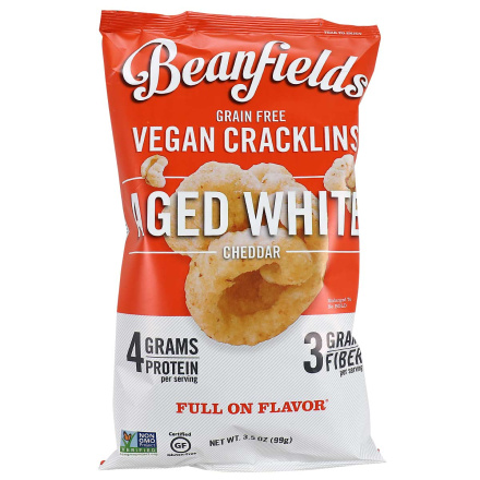 Front of Beanfields Grain-Free Vegan Cracklins Aged White Cheddar, 99g