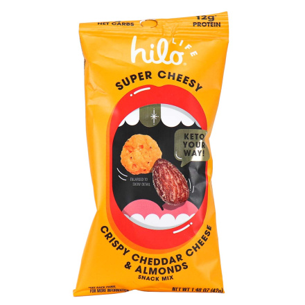 Front of Hilo Life Super Cheesy Crispy Cheddar Cheese & Almonds Snack Mix