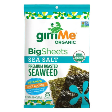 Front of GimMe Organic Premium Roasted Seaweed Big Sheets Sea Salt