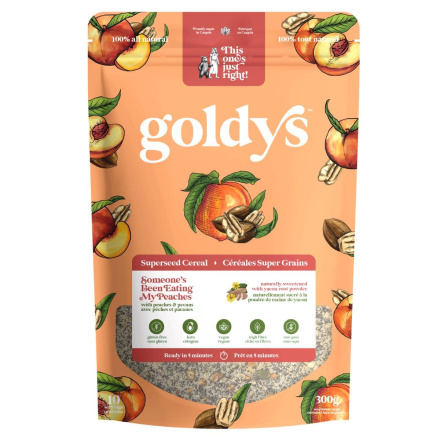 Front of Goldys Superseed Cereal Someone's Been Eating My Peaches