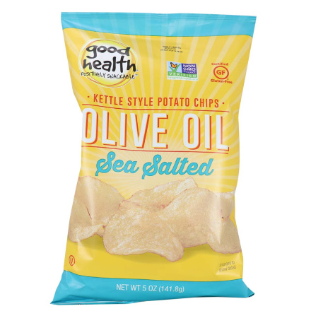 Front of Good Health Kettle Style Potato Chips Olive Oil Sea Salted, 141.8g