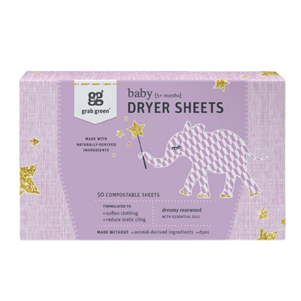 Front of grab green Baby Dryer Sheets Rosewood, 50 Sheets