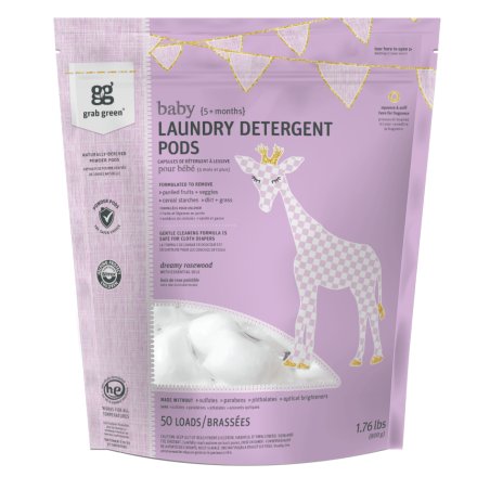 Front of grab green Baby Laundry Detergent Pods Rosewood, 50 Loads